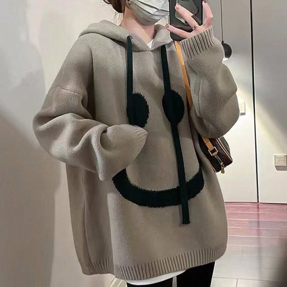 Khaki Casual Womens Cartoon Drop Shoulder Oversized Drawstring Hooded Sweater - Picture 3 of 4